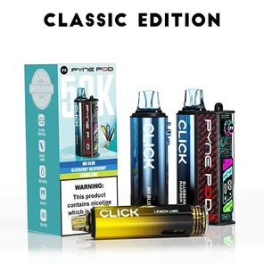 Pyne Pod Click 50K prefilled pod kit with rechargeable battery and up to 50,000 puffs capacity, featuring smooth airflow and magnetic pod connection, shown with packaging and three devices.
