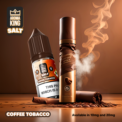 Aroma King Nic Salts coffee tobacco flavored 10ml e-liquid bottle with vapor and tobacco leaves on brown background