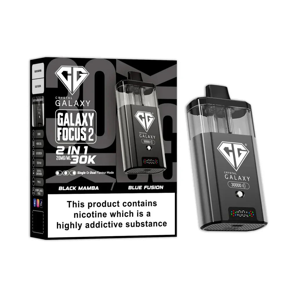 Crystal Galaxy Focus 2 30K puffs prefilled pod vape kit with dual flavor pods and LED display in black