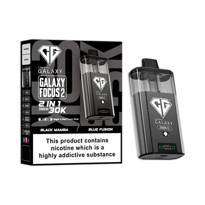 Crystal Galaxy Focus 2 30K puffs prefilled pod vape kit with dual flavor pods and LED display in black