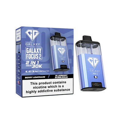 Crystal Galaxy Focus 2 30K puffs prefilled pod kit with dual e-liquid tanks, LED display, and Berry Lemonade & Blueberry Bubblegum flavors in blue design