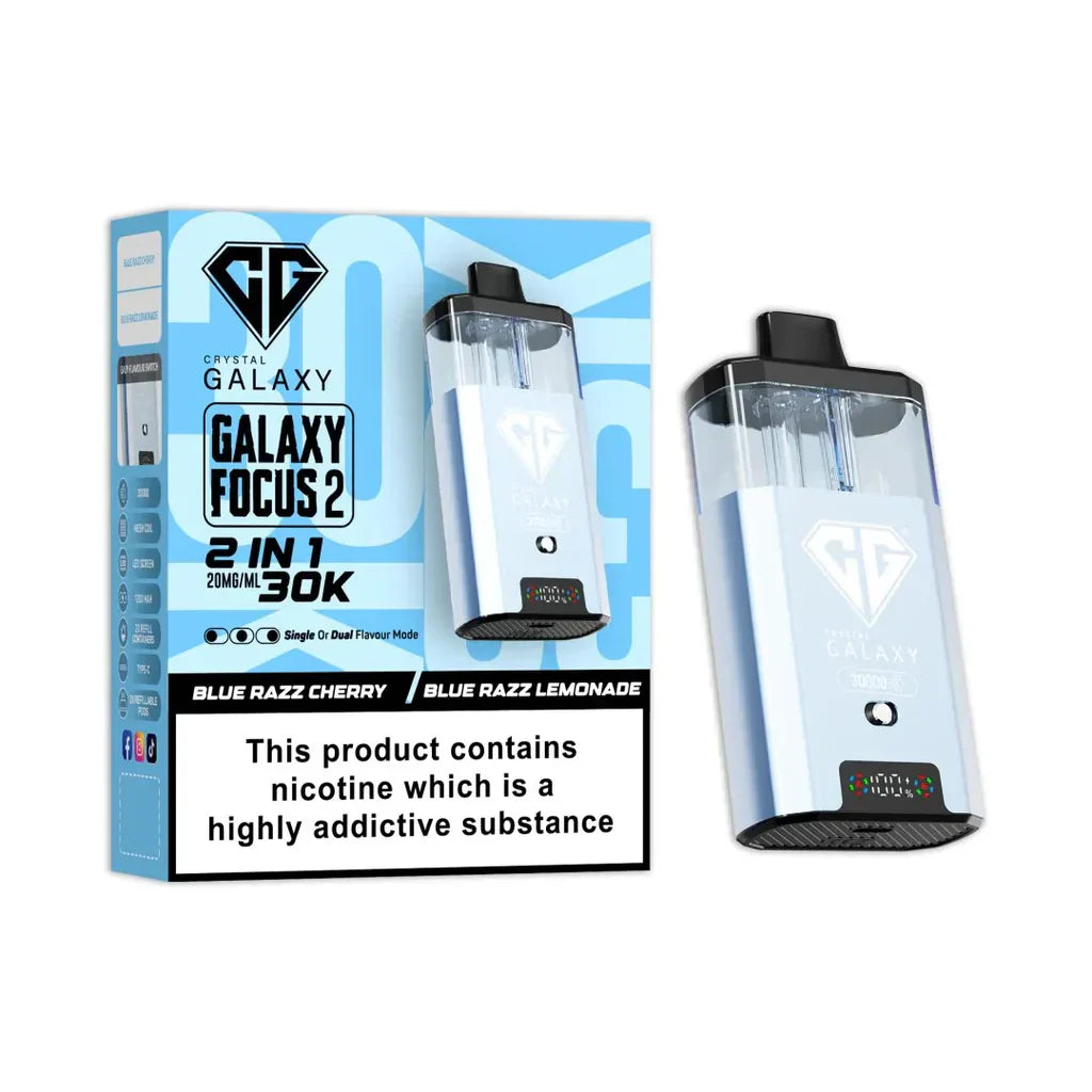 Crystal Galaxy Focus 2 prefilled pod kit with dual e-liquid tanks and LED display, 30,000 puffs vape device in Blue Razz Cherry and Blue Razz Lemonade flavors