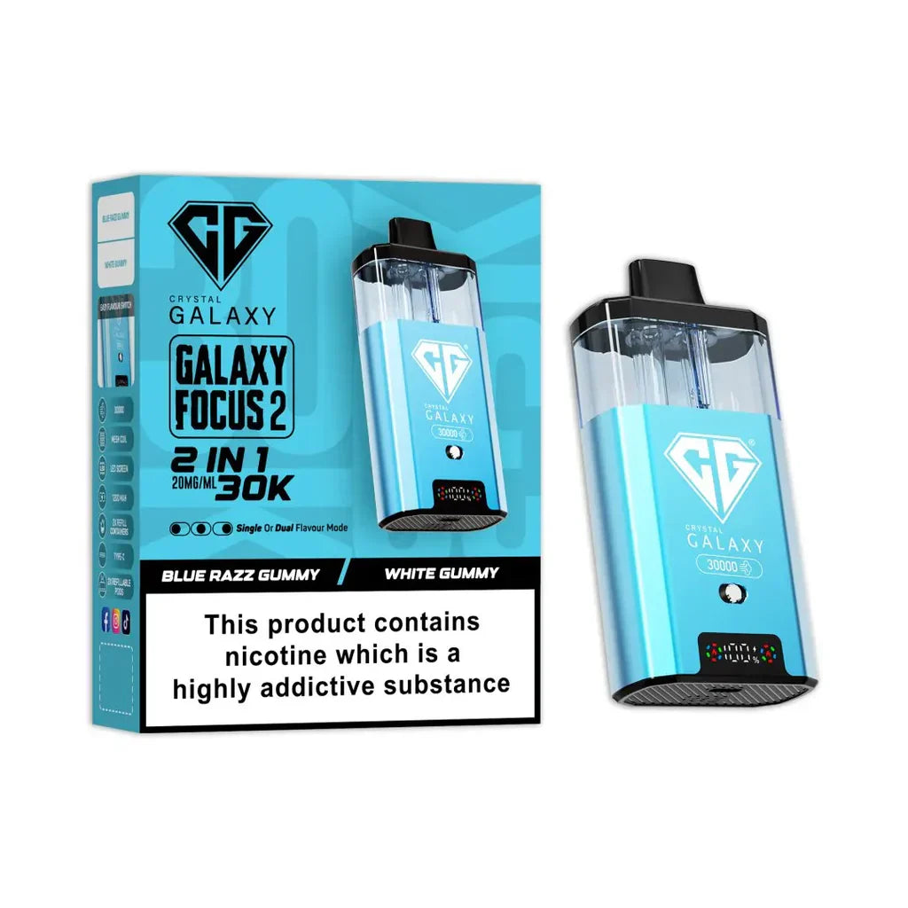 Crystal Galaxy Focus 2 30K Puffs prefilled pod vape kit in blue with dual flavor options and LED display