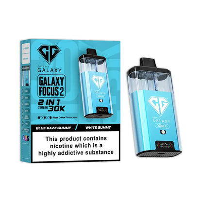 Crystal Galaxy Focus 2 30K Puffs prefilled pod vape kit in blue with dual flavor options and LED display