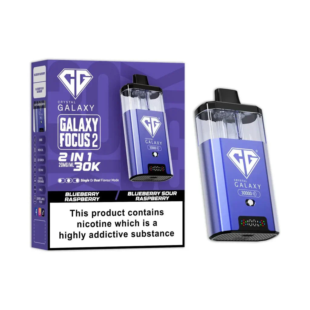 Crystal Galaxy Focus 2 30K puffs prefilled pod vape kit in blueberry raspberry and blueberry sour raspberry flavors with LED display and dual e-liquid tanks