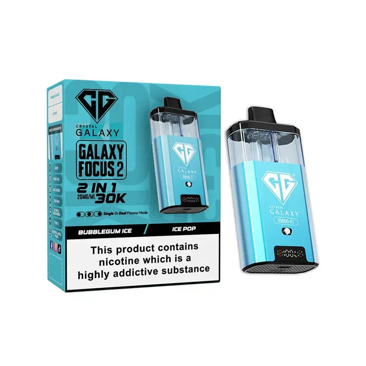 Crystal Galaxy Focus 2 30K Puffs prefilled pod kit in blue with dual e-liquid tanks and LED display next to its matching box