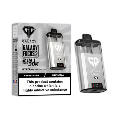 Crystal Galaxy Focus 2 30K puffs prefilled pod vape kit with dual flavor options Cherry Cola and Fizzy Cola and nicotine warning