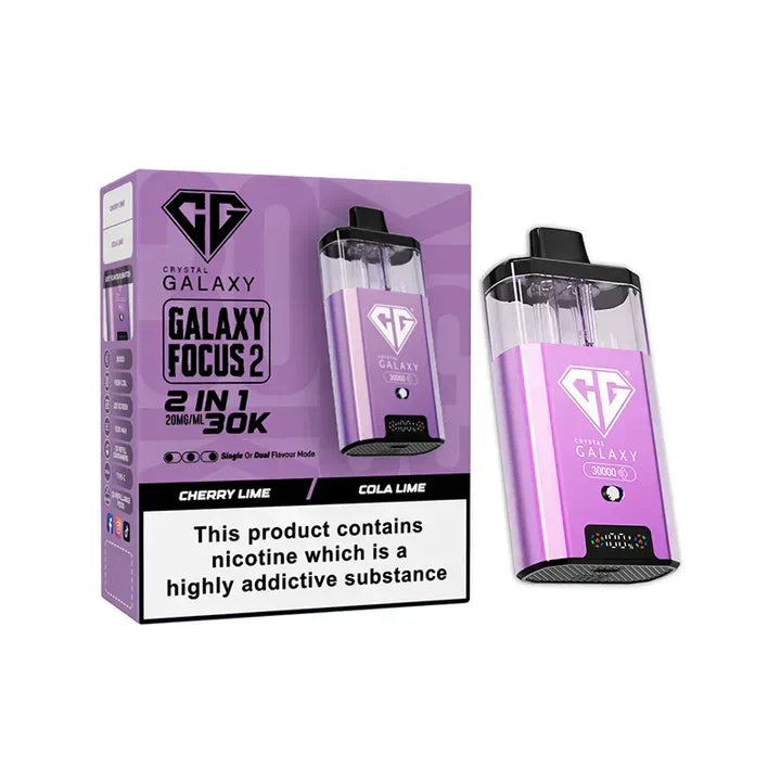 Crystal Galaxy Focus 2 30K Puffs prefilled pod vape kit in purple with dual e-liquid tanks and LED display, cherry lime and cola lime flavors