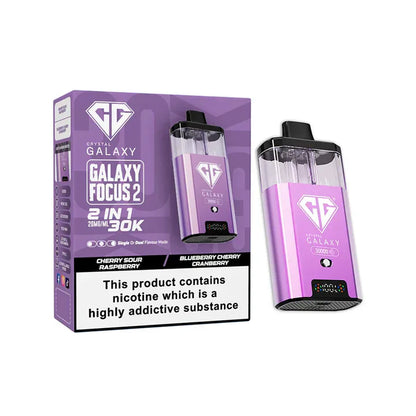 Crystal Galaxy Focus 2 30K Puffs prefilled vape pod kit with dual-flavor, rechargeable 1200mAh battery, mesh coil technology, and LED display