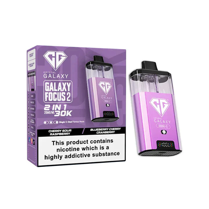 Crystal Galaxy Focus 2 30K Puffs prefilled vape pod kit with dual-flavor, rechargeable 1200mAh battery, mesh coil technology, and LED display