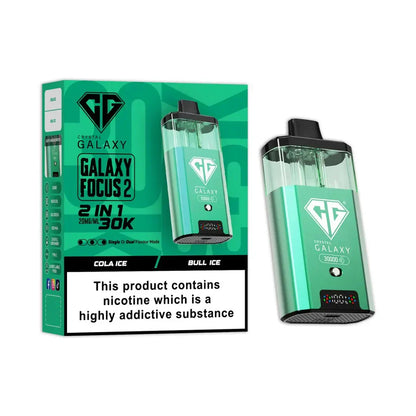 Crystal Galaxy Focus 2 30K Puffs prefilled pod vape kit in green with dual e-liquid tanks and LED display