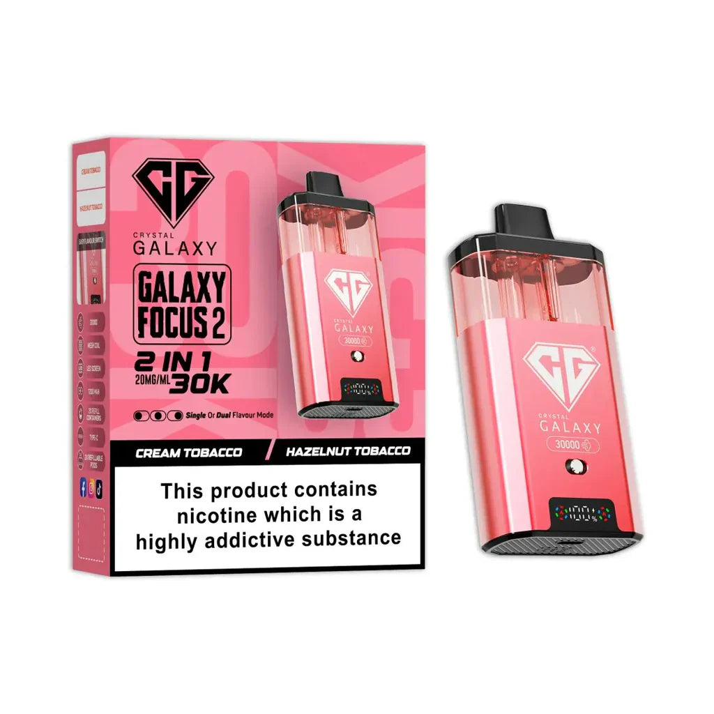 Crystal Galaxy Focus 2 30K Puffs prefilled pod kit in pink with dual-flavor options, featuring a digital display and rechargeable battery.