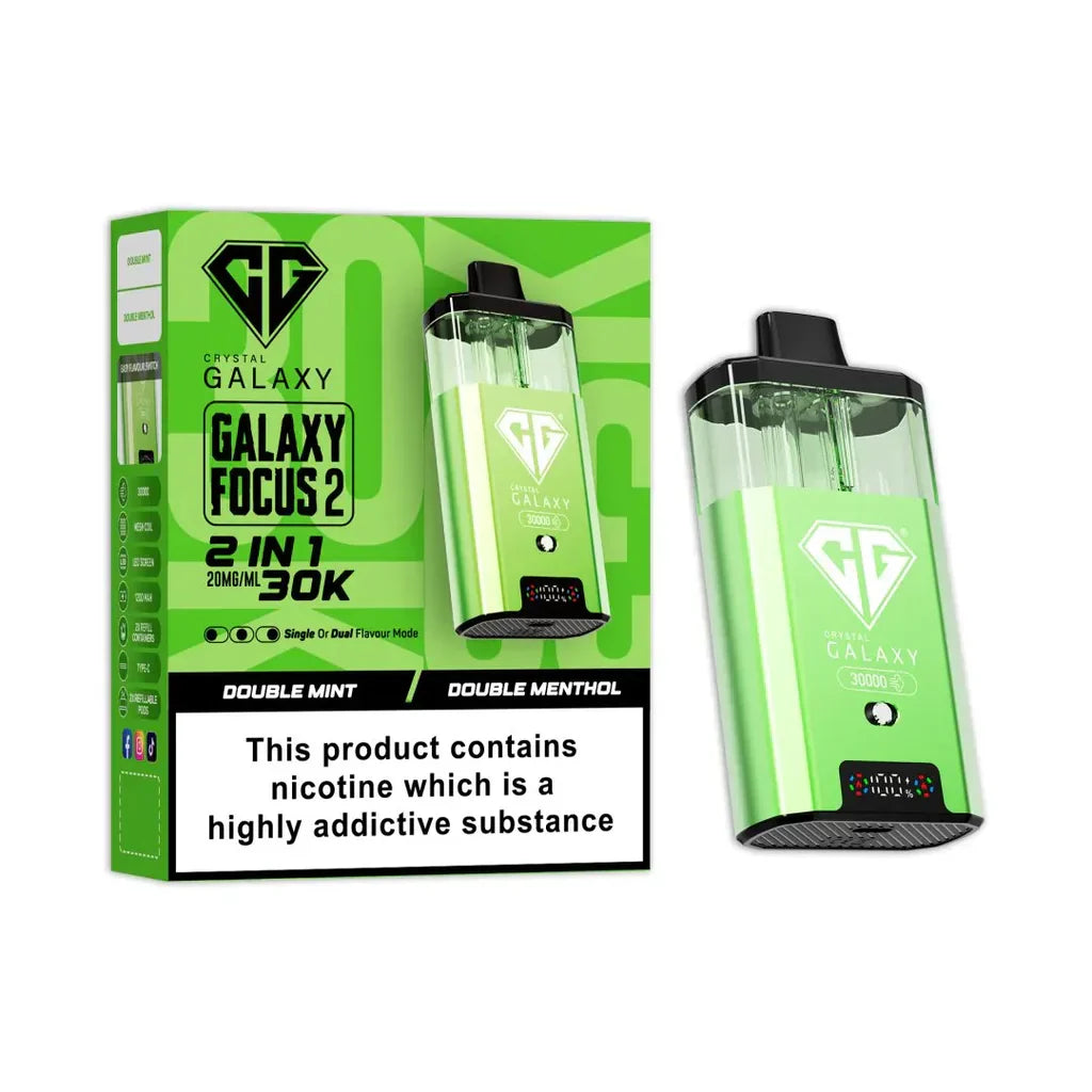 Crystal Galaxy Focus 2 30K puffs prefilled pod kit in green with double mint and double menthol flavors and LED display