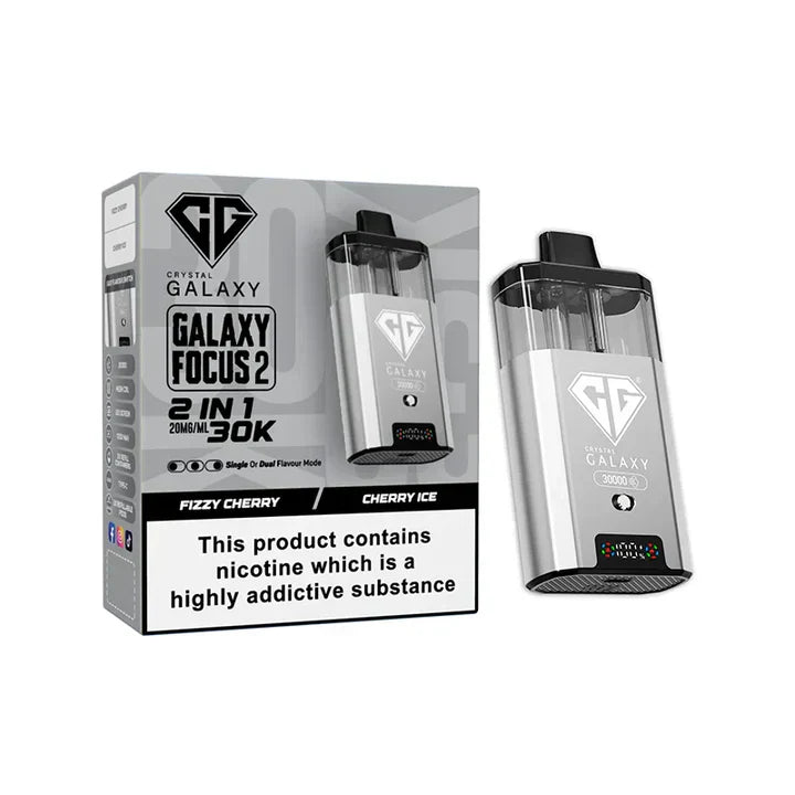 Crystal Galaxy Focus 2 30K puffs prefilled dual-flavor vape pod kit with rechargeable battery and LED display