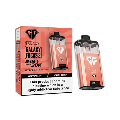 Crystal Galaxy Focus 2 30K puffs prefilled pod kit with dual-flavor mode and rechargeable battery in peach and guava flavors