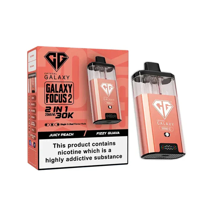 Crystal Galaxy Focus 2 30K puffs prefilled pod kit with dual-flavor mode and rechargeable battery in peach and guava flavors