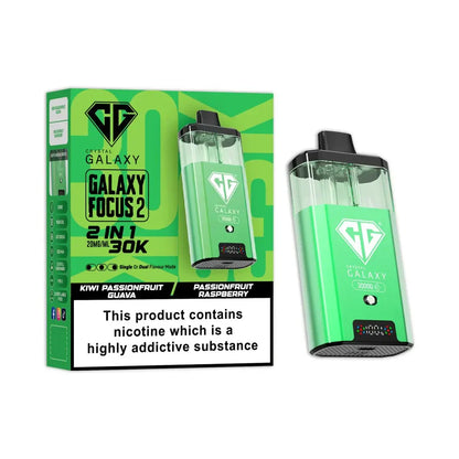 Crystal Galaxy Focus 2 30K Puffs Prefilled Pod Kit with dual e-liquid tanks and LED display in green color