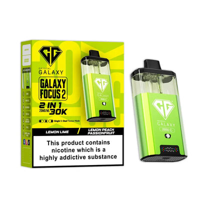 Crystal Galaxy Focus 2 30K puffs prefilled pod kit in lemon lime and lemon peach passionfruit flavors with dual e-liquid tanks and LED display