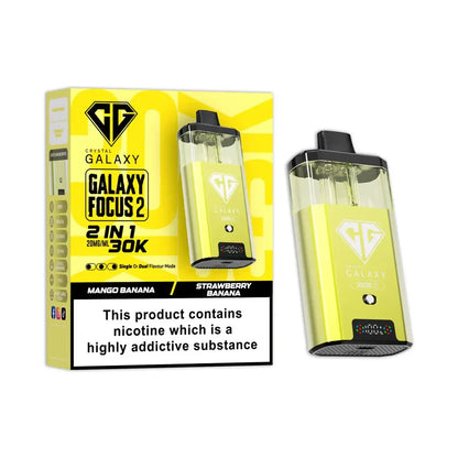 Crystal Galaxy Focus 2 30K Puffs prefilled pod vape kit in yellow with dual flavor mango banana and strawberry banana, featuring rechargeable battery and LED display.