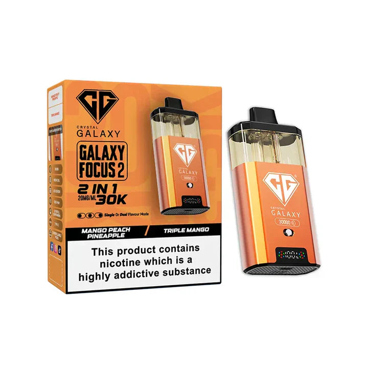 Crystal Galaxy Focus 2 30K puffs prefilled pod kit with dual flavors and nicotine warning label