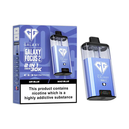 Crystal Galaxy Focus 2 30K Puffs prefilled vape pod kit in blue with dual-flavor pods and LED display