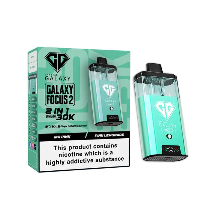 Crystal Galaxy Focus 2 30K Puffs prefilled pod kit with dual transparent e-liquid tanks and digital LED display, mint green design