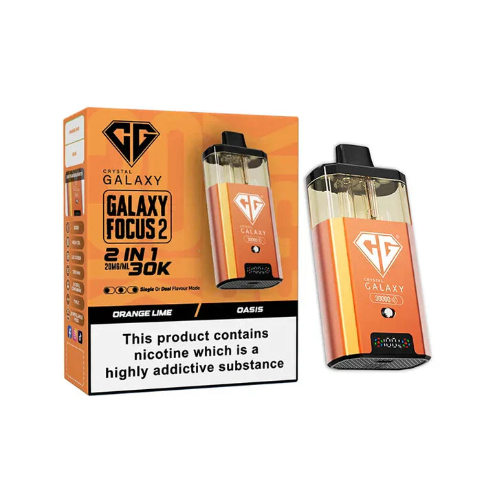 Crystal Galaxy Focus 2 30K puffs rechargeable prefilled vape pod kit in orange lime flavor with dual e-liquid tanks and LED display