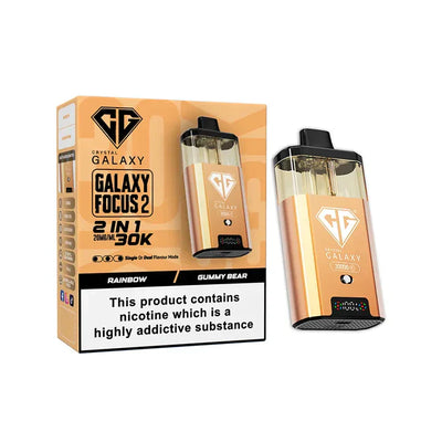 Crystal Galaxy Focus 2 30K Puffs prefilled pod vape kit with dual e-liquid tanks and LED display in rainbow gummy bear flavor