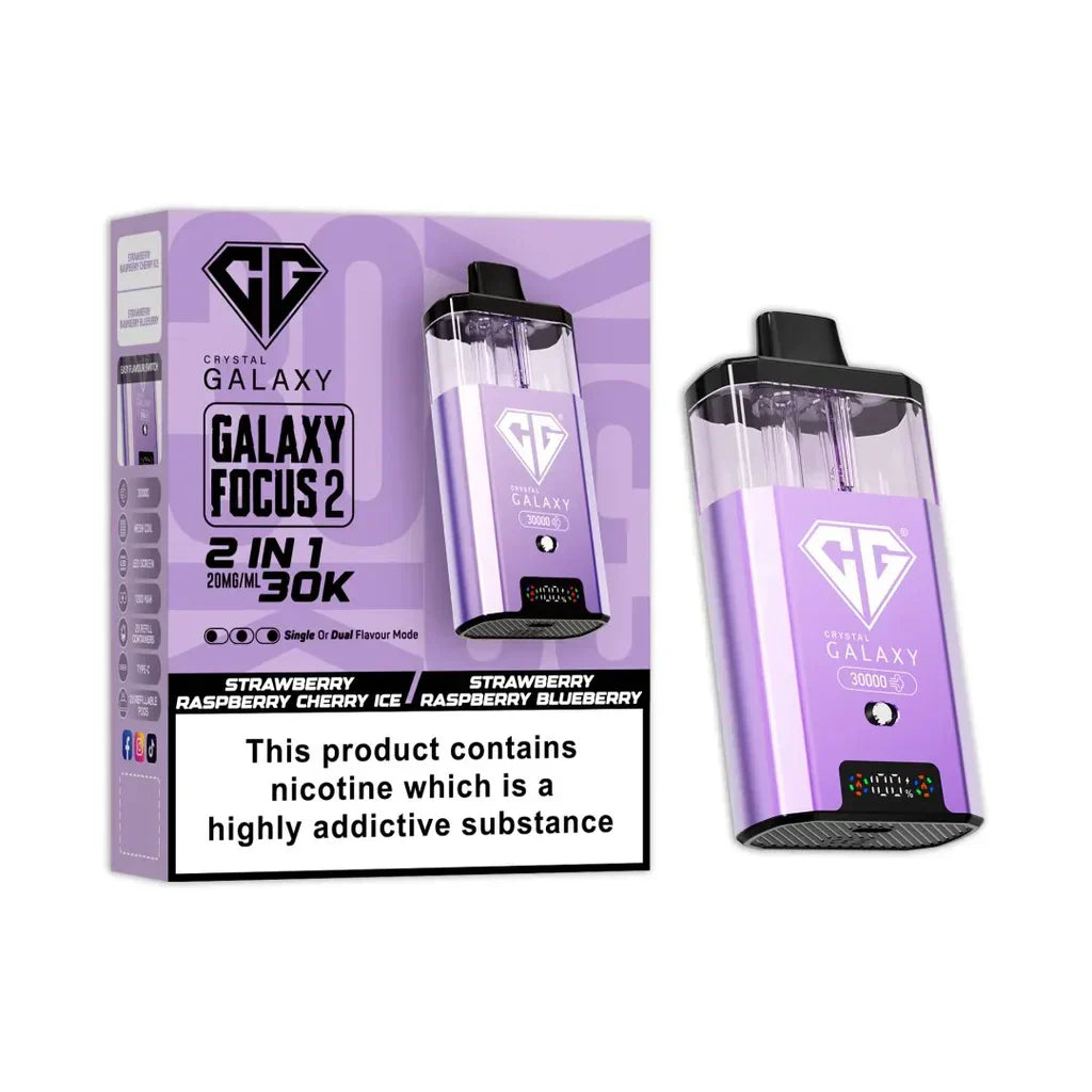 Crystal Galaxy Focus 2 30K puffs prefilled pod kit in purple with dual flavor strawberry raspberry options and LED display.