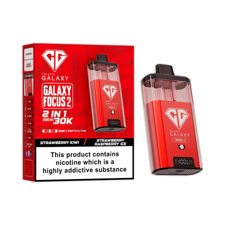 Crystal Galaxy Focus 2 30K puffs prefilled pod vape kit in red with dual flavor options and LED display
