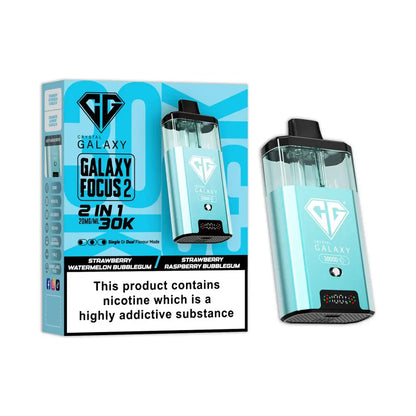 Crystal Galaxy Focus 2 30K Puffs prefilled pod vape kit with dual transparent e-liquid tanks and LED display in blue color