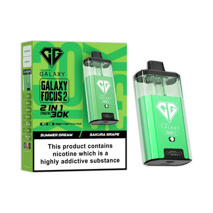 Crystal Galaxy Focus 2 prefilled pod kit in green with 30,000 puffs, dual flavor, rechargeable vape device and packaging displayed