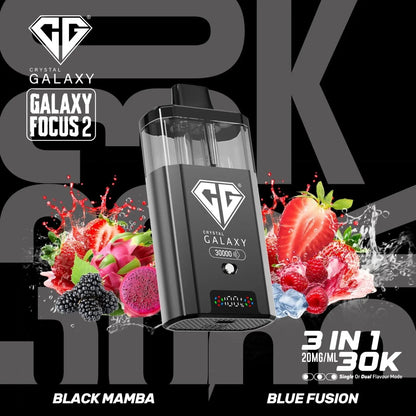 Crystal Galaxy Focus 2 30K prefilled pod vape device with 30,000 puffs, featuring Black Mamba and Blue Fusion flavors.