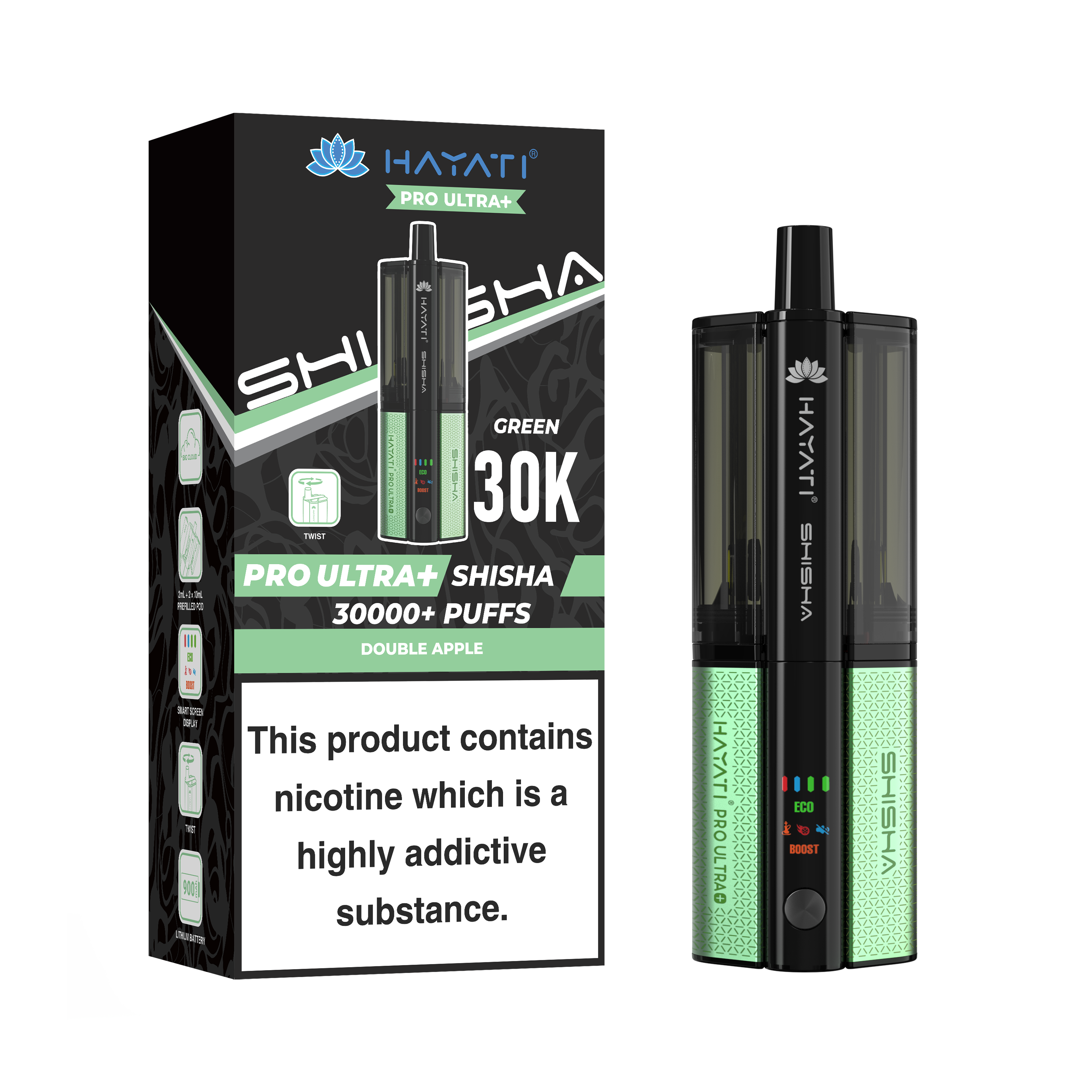 Green and Black Vape device with packaging displaying 'HAYATI' branding on a white background.