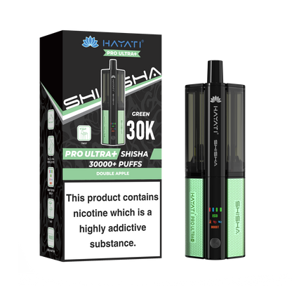 Green and Black Vape device with packaging displaying 'HAYATI' branding on a white background.