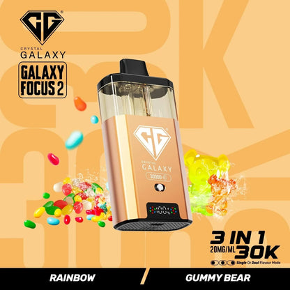 Crystal Galaxy Focus 2 30K prefilled vape pod with 30,000 puffs, 20mg/ml nicotine, rainbow and gummy bear flavors, sleek metallic design.