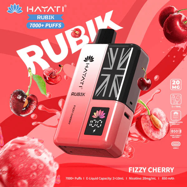 Hayati Rubik vape device with cherries and 'Fizzy Cherry' flavor on a red background