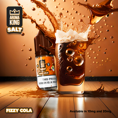 Aroma King Nic Salts Fizzy Cola 10ml e-liquid bottle with cola splash in glass, nicotine salt vape juice, 50/50 VG/PG ratio, 20mg strength.