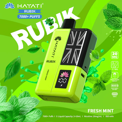 Hayati Pro Ultra+ 7000+ puffs reusable vape kit with single flavor fresh mint system and smart battery display