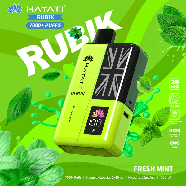 Hayati Pro Ultra+ 7000+ puffs reusable vape kit with single flavor fresh mint system and smart battery display
