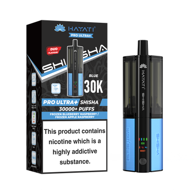 Blue and Black Vape device with packaging displaying 'HAYATI' branding on a white background.