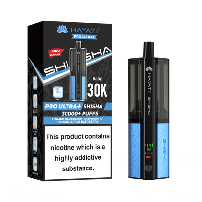 Blue and Black Vape device with packaging displaying 'HAYATI' branding on a white background.