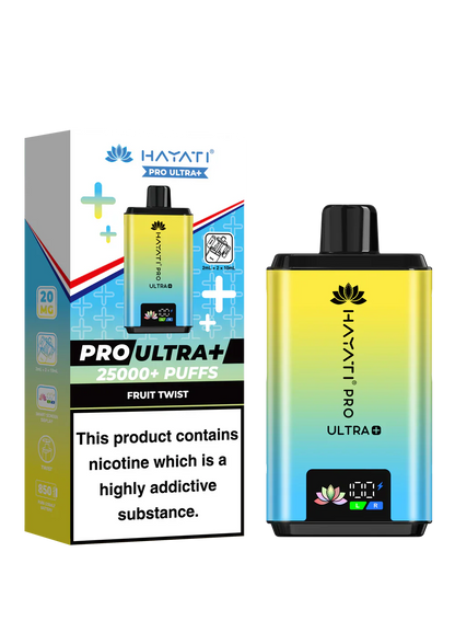 Hayati Pro Ultra+ reusable vape kit with 25000+ puffs, duo flavor system, smart battery display, and fruit twist flavor in yellow and blue gradient design.