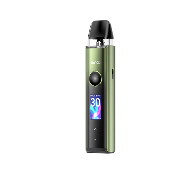 Geekvape Wenax Q Pro vape kit with 1200mAh battery, adjustable 5-30W power, dual 2ml pods, and shock-resistant design in green.