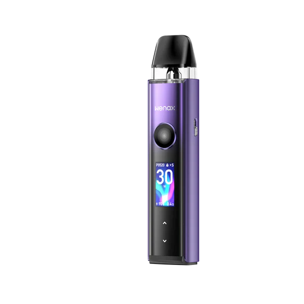 Purple Geekvape Wenax Q Pro vape kit with 1200mAh battery, adjustable 5-30W power, and digital display screen