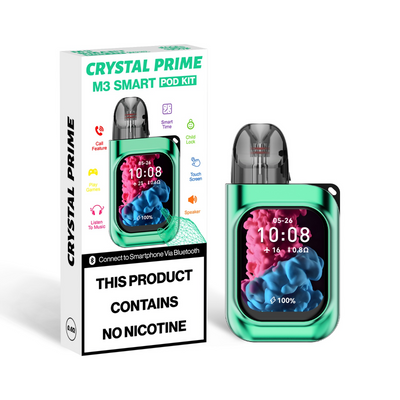 CRYSTAL PRIME M3 smart refillable pod vape kit with touchscreen, Bluetooth, call and music features, 2ml capacity, and child safety lock in green