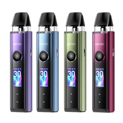 Geekvape Wenax Q Pro vape kits in purple, blue, green, and red with digital displays and black mouthpieces.