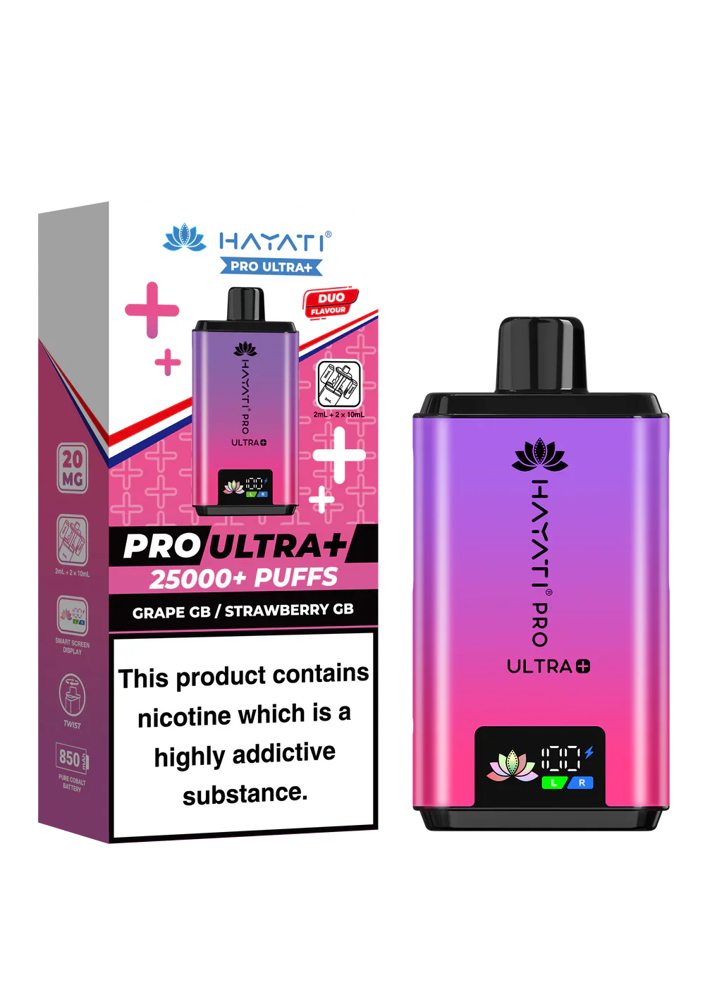 Hayati Pro Ultra+ reusable vape kit with 25000+ puffs, dual flavor system, smart battery display, and 20mg nicotine strength in grape and strawberry flavor.