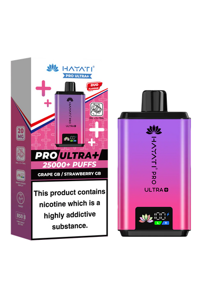 Hayati Pro Ultra+ reusable vape kit with 25000+ puffs, dual flavor system, smart battery display, and 20mg nicotine strength in grape and strawberry flavor.