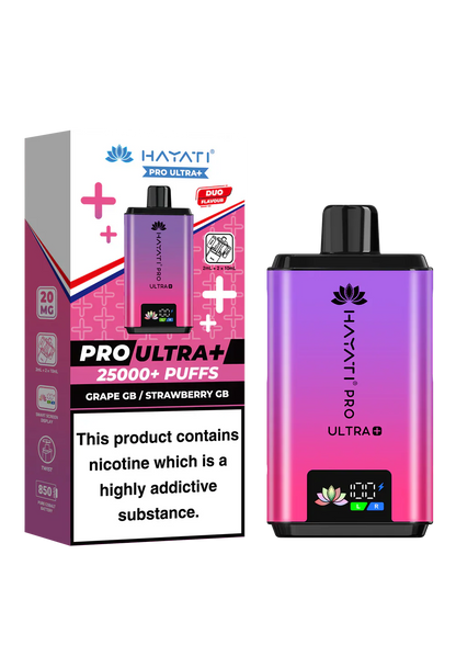 Hayati Pro Ultra+ reusable vape kit with 25000+ puffs, dual flavor system, smart battery display, and 20mg nicotine strength in grape and strawberry flavor.